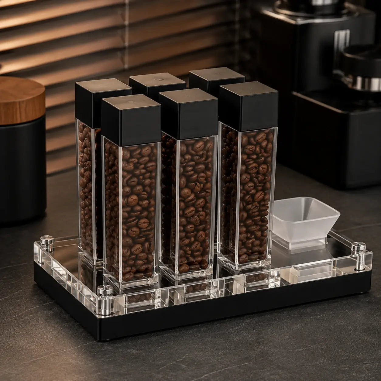 Ristrevo Bean Cellar mit sechs transparenten Aufbewahrungsröhrchen für einzelne Kaffeebohnendosen