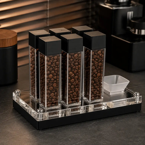 Ristrevo Bean Cellar mit sechs transparenten Aufbewahrungsröhrchen für einzelne Kaffeebohnendosen