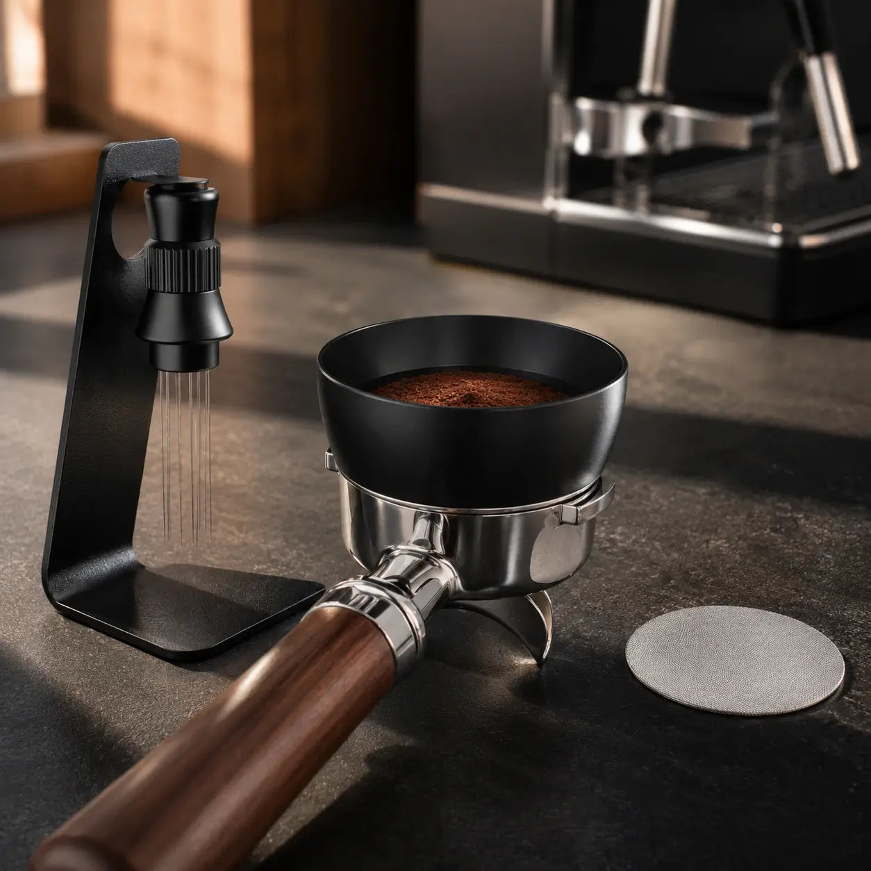 Ristrevo Essential Barista Set bei der Vorbereitung eines Siebträgers mit WDT-Werkzeug, Dosiertrichter und Puck Screen
