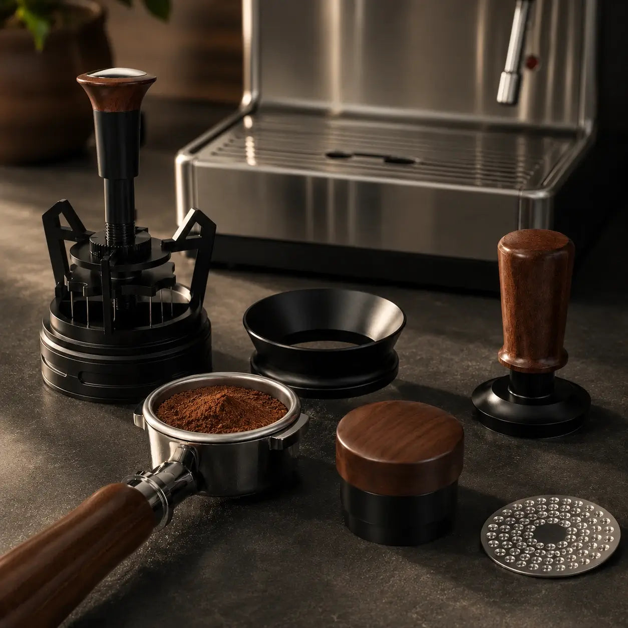 Ristrevo Precision Barista Set bei der Vorbereitung eines Siebträgers für die Espressozubereitung